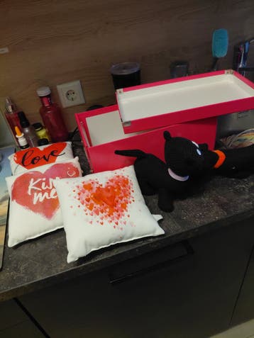 3 Kussentjes, 2 takkies en een roze doos opbergdoos