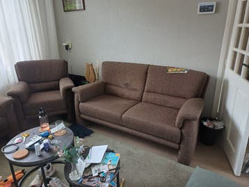 Bruin gemêleerde bank en 2 fauteuils