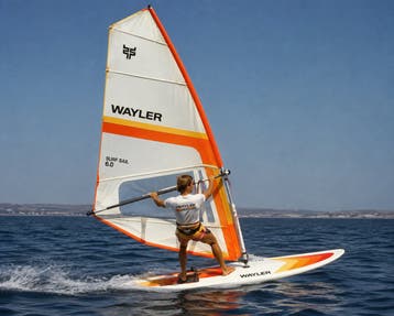 Old school Wayler surfplank met grootzeil en stormzeil