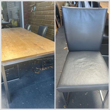 Geatis eiken tafel met 6 lederen stoelen