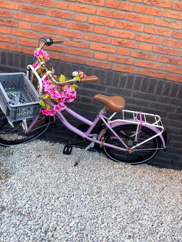 Leuke paarse kinderfiets met mandje en bloemen