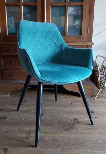 3 stijlvolle petrolblauwe eetkamerstoelen met ruitpatroon