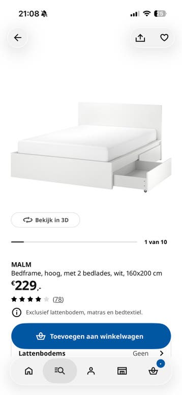 Ikea malm bed 160x200cm met twee lades incl. lattenbodems
