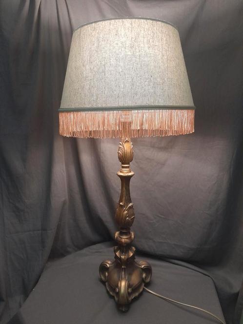 Grote tafellamp brons lichtgroene kap charleston franje goud, Huis en Inrichting, Lampen | Tafellampen, Zo goed als nieuw, 75 cm of meer