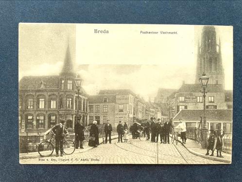 BREDA Postkantoor Vischmarkt met volk 1902, Verzamelen, Ansichtkaarten | Nederland, Ongelopen, Noord-Brabant, Voor 1920, Ophalen of Verzenden