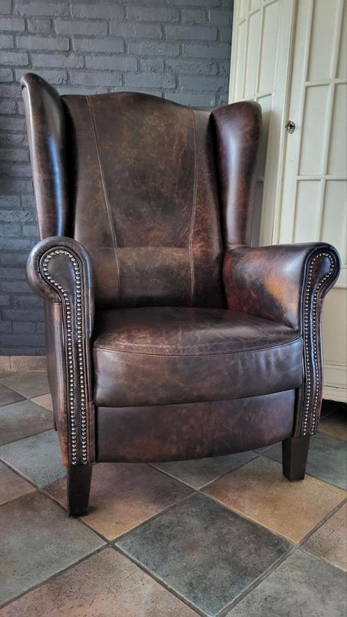 Klassiek schapenleren oorfauteuil van Joris I.z.g.s, Huis en Inrichting, Fauteuils, Gebruikt, Leer, 75 tot 100 cm, 75 tot 100 cm