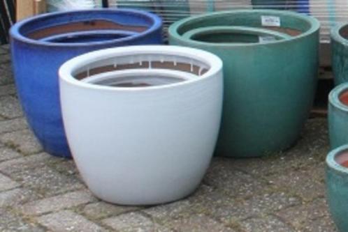 Set van 3 ronde geglazuurde bloempotten wit - groen - blauw, Tuin en Terras, Bloempotten, Nieuw, Aardewerk, Balkon, Tuin, 25 tot 40 cm