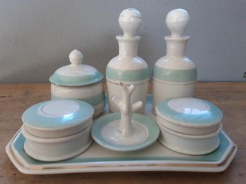 Toilettafelset porselein wit en turquoise oud rond 1900