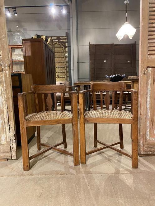 Vintage teakhouten eetkamer stoelen met rieten zitting., Huis en Inrichting, Stoelen, Ophalen of Verzenden