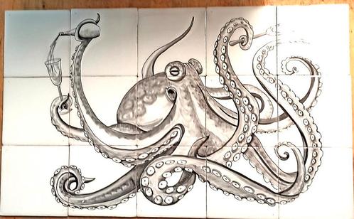 octopus, inktvis geschilderd op tegels, witjes, jouw idee?, Doe-het-zelf en Verbouw, Tegels, Nieuw, Vloertegels, Ophalen of Verzenden