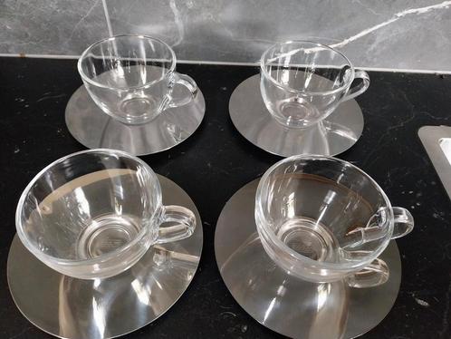 4x Bodum koffie kopjes glas met RVS schoteltje, Huis en Inrichting, Keuken | Servies, Zo goed als nieuw, Kop(pen) en/of Schotel(s)