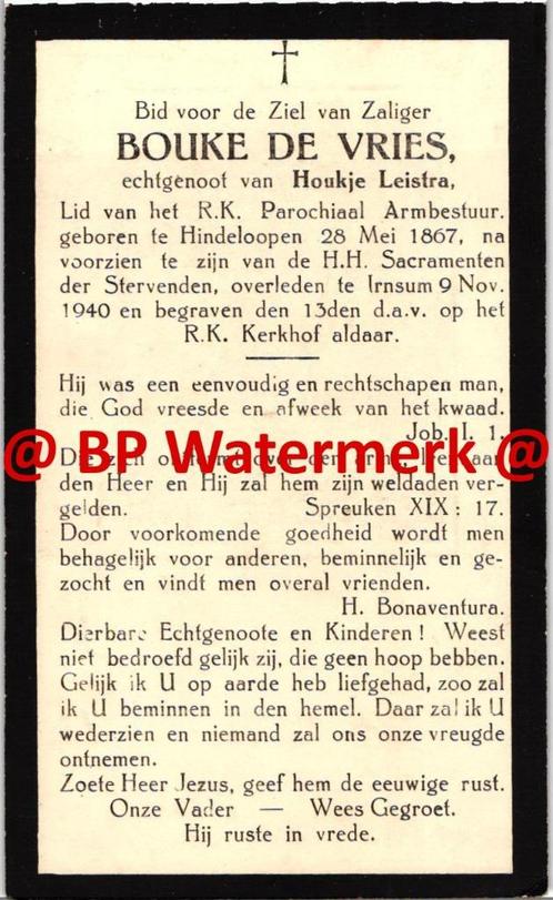 Vries de Bouke 1867 Hindeloopen 1940 Irnsum x Leistra - 2280, Verzamelen, Bidprentjes en Rouwkaarten, Bidprentje, Ophalen of Verzenden