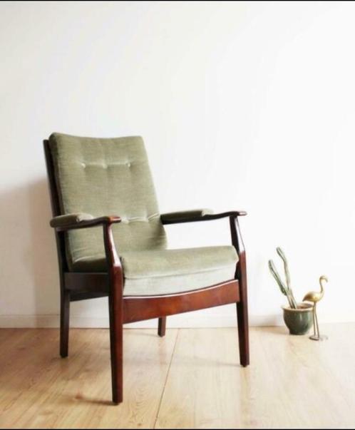 VINTAGE cintique groene velvet stoel ''60, Huis en Inrichting, Stoelen, Gebruikt, Eén, Hout, Stof, Overige kleuren, Ophalen of Verzenden