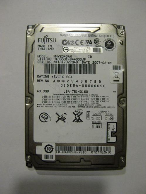 Fujitsu 40GB 5400rpm 2,5" IDE laptop harddisk, Computers en Software, Harde schijven, Gebruikt, Laptop, Intern, HDD, IDE, Ophalen of Verzenden