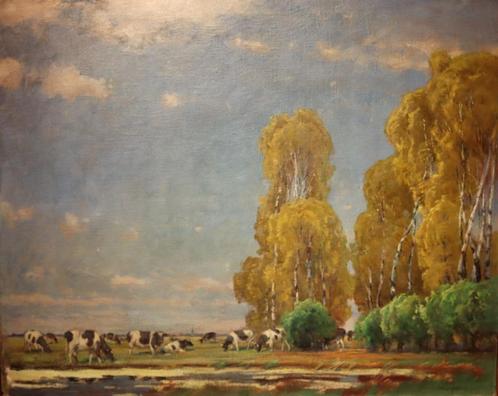 Groot landschap met koeien op canvas, Antiek en Kunst, Kunst | Schilderijen | Klassiek, Ophalen of Verzenden