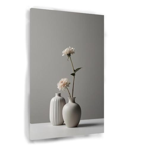 Minimalistische Vazen en Witte Bloemen Stilleven canvas 60x, Huis en Inrichting, Woonaccessoires | Schilderijen, Tekeningen en Foto's