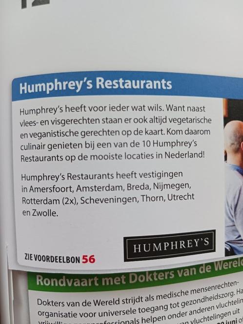 HUMPHREY's Restaurant's kortingsbon postcodeloterij agenda, Tickets en Kaartjes, Kortingen en Cadeaubonnen, Drie personen of meer