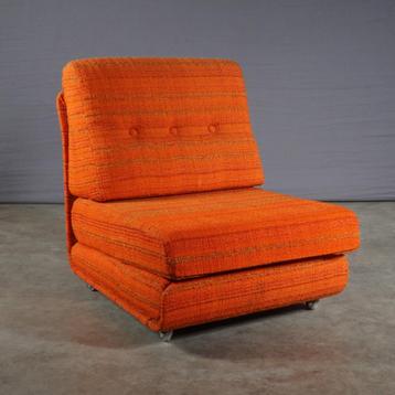 Vintage loungefauteuil – oranje stof – op wieltjes – '70