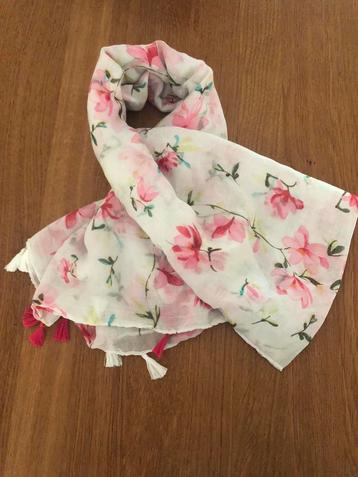 Prachtige sjaal met Japans bloemen motief roze/wit L NIEUW