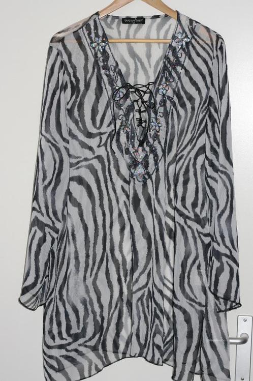 V 4 Zebraprint voile tuniek pailletjes mt 52/54, Kleding | Dames, Grote Maten, Zo goed als nieuw, Blouse of Tuniek, Wit, Ophalen of Verzenden