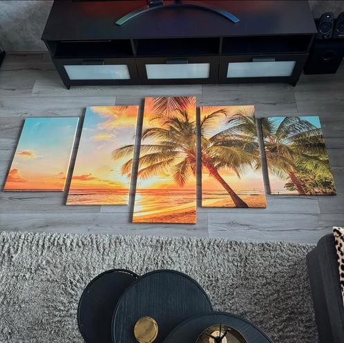 5-Luiks Palmboom Sunset Strand Canvas-schilderij 220x100, Huis en Inrichting, Woonaccessoires | Schilderijen, Tekeningen en Foto's