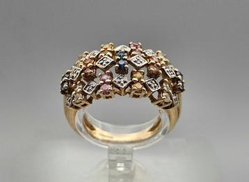 Gouden Vintage ring edelsteen saffier en diamant. 2024/226