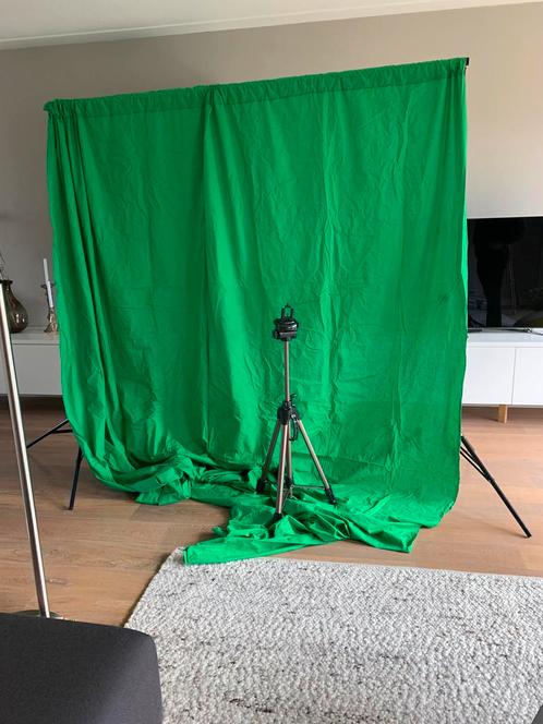 2x lampstatief + dwarsligger + groen doek + camerastatief, Audio, Tv en Foto, Fotografie | Fotostudio en Toebehoren, Zo goed als nieuw