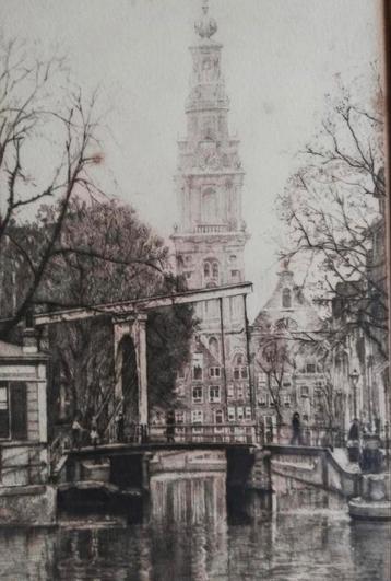 Antieke Ets Zuiderkerk + hefbrug Amsterdam Johannes Josseaud