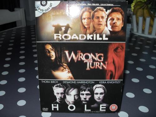 3 DVD SET MET ROADKILL,WRONG TURN en THE HOLE., Cd's en Dvd's, Dvd's | Horror, Zo goed als nieuw, Vampiers of Zombies, Boxset