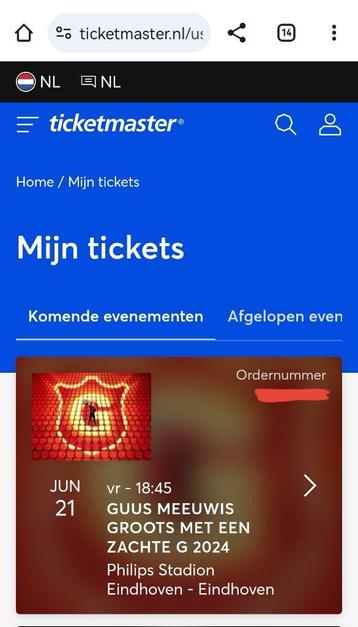 2 tickets Guus Meeuwis op 21 juni, zitplaatsen vak L, rij 10