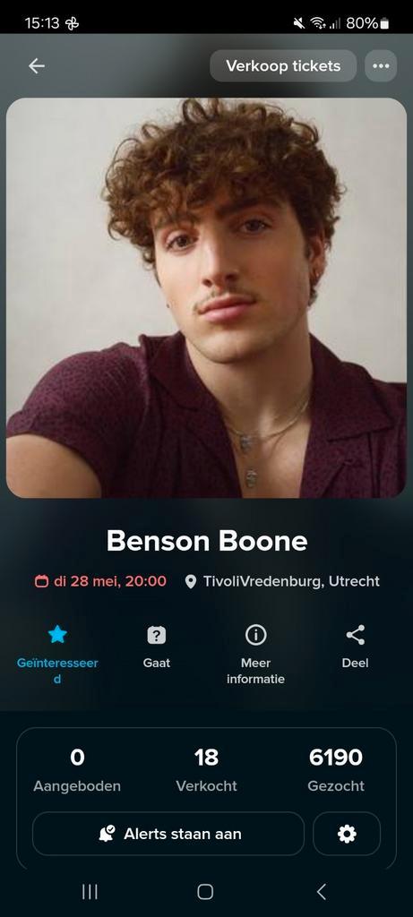 Gezocht: Tickets Benson Boone, Tickets en Kaartjes, Concerten | Pop, Twee personen, Mei