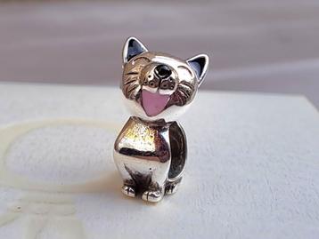 Poes kat zingend roze 925 zilver bedel past Pandora NIEUW!!!