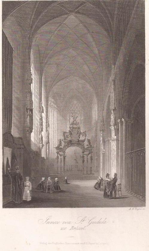 Brussel Bruxelles. Innere von St. Gudula zu Brüssel ca. 1850, Antiek en Kunst, Kunst | Etsen en Gravures, Ophalen of Verzenden