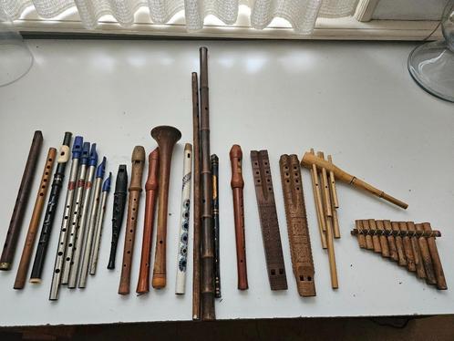 Verzameling v 20 oude/vintage/antieke  fluiten +1 riet instr, Muziek en Instrumenten, Blaasinstrumenten | Overige, Gebruikt, Overige soorten
