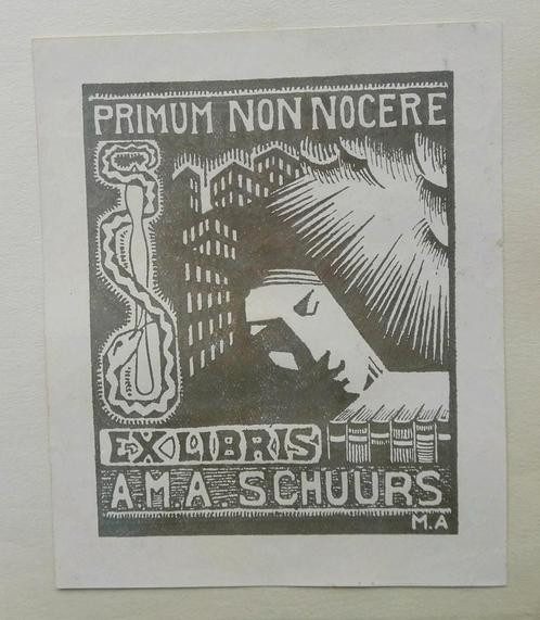 Exlibris A.M.A. Schuurs (M. Adamse) (medici, esculaap), Antiek en Kunst, Kunst | Etsen en Gravures, Ophalen of Verzenden