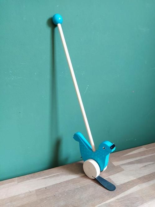 De Groene Merel houten duwstok zeehond blauw nieuwstaat, Kinderen en Baby's, Speelgoed | Houten speelgoed, Ophalen of Verzenden