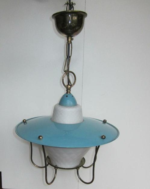 Mid Century lamp jaren 50 mint/turkwaas, Huis en Inrichting, Lampen | Hanglampen, Gebruikt, Glas, Metaal, Ophalen of Verzenden