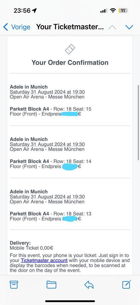 Adele in Munich, zaterdag 31-8, 3 kaartjes, vak A4 rij 18, Tickets en Kaartjes, Concerten | Pop, Drie personen of meer, Augustus