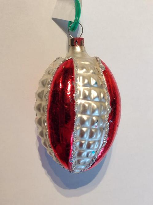 oude kerstbal ovaal mat zilver met rood H 8 cm, Diversen, Kerst, Gebruikt, Ophalen of Verzenden