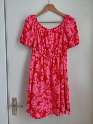 Rood roze zomerjurkje, brede hals off the shoulder, mt L