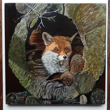 Schilderij vos op hout voor huis of tuin