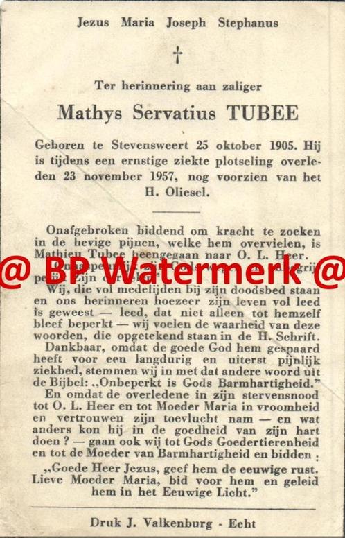 Tubee Mathys 1905 Stevensweert 1957 - 21522, Verzamelen, Bidprentjes en Rouwkaarten, Bidprentje, Ophalen of Verzenden