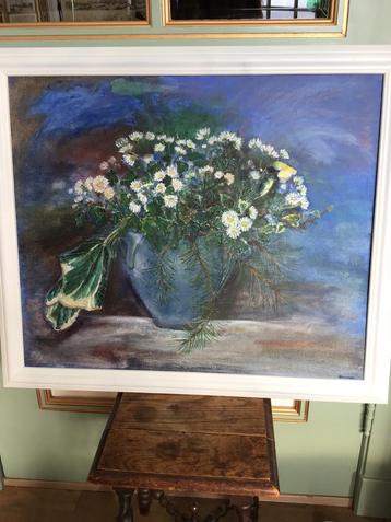 Groot schilderij (58 x 68) in groen / blauw tinten, bloemen.