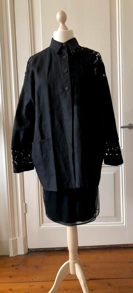 Zwarte linnen blazer, blouse met kant maat 40-42, Kleding | Dames, Blouses en Tunieken, Zo goed als nieuw, Maat 38/40 (M), Zwart