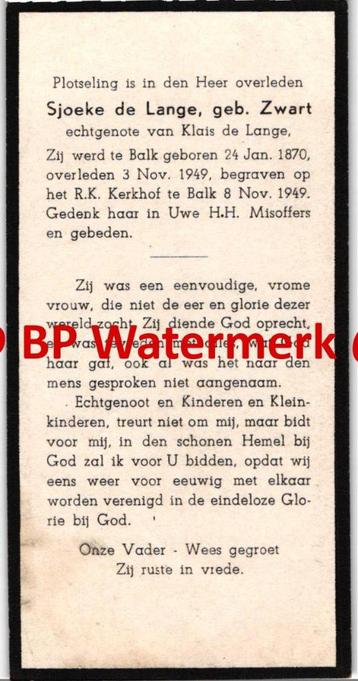 Zwart Sjoeke 1870 Balk 1949 x de Lange - 22999-