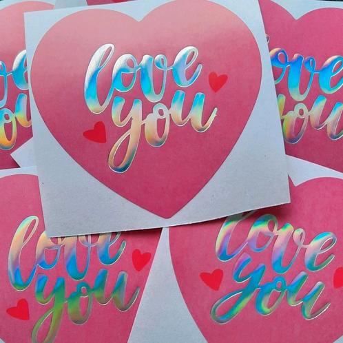 Sluitstickers hart love you stickers fel roze holografisch, Hobby en Vrije tijd, Stickers en Plaatjes, Nieuw, Meerdere stickers
