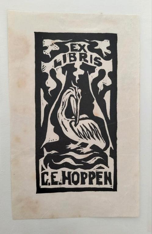 Exlibris G.E. Hoppen (pelikaan, vogel, dier), Antiek en Kunst, Kunst | Etsen en Gravures, Ophalen of Verzenden