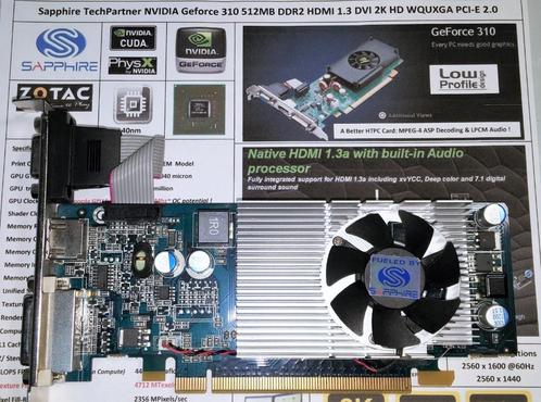 Sapphire NVIDIA Geforce 310 512MB DDR2 2K QHD HTPC PCI-E 2.0, Computers en Software, Videokaarten, Refurbished, Nvidia, PCI-Express 2.0