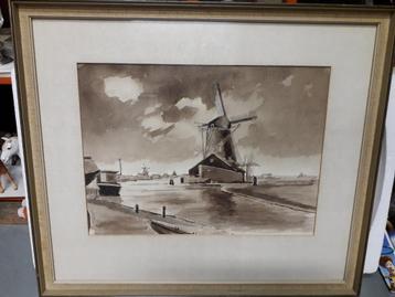 OUDE SEPIA AQUAREL met MOLENS in WATERLANDSCHAP I.Z.G.STAAT