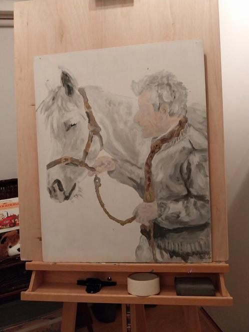 Schilderij acrylverf,Lucian Freud met paard,h:61 cm, br:49, Huis en Inrichting, Woonaccessoires | Schilderijen, Tekeningen en Foto's